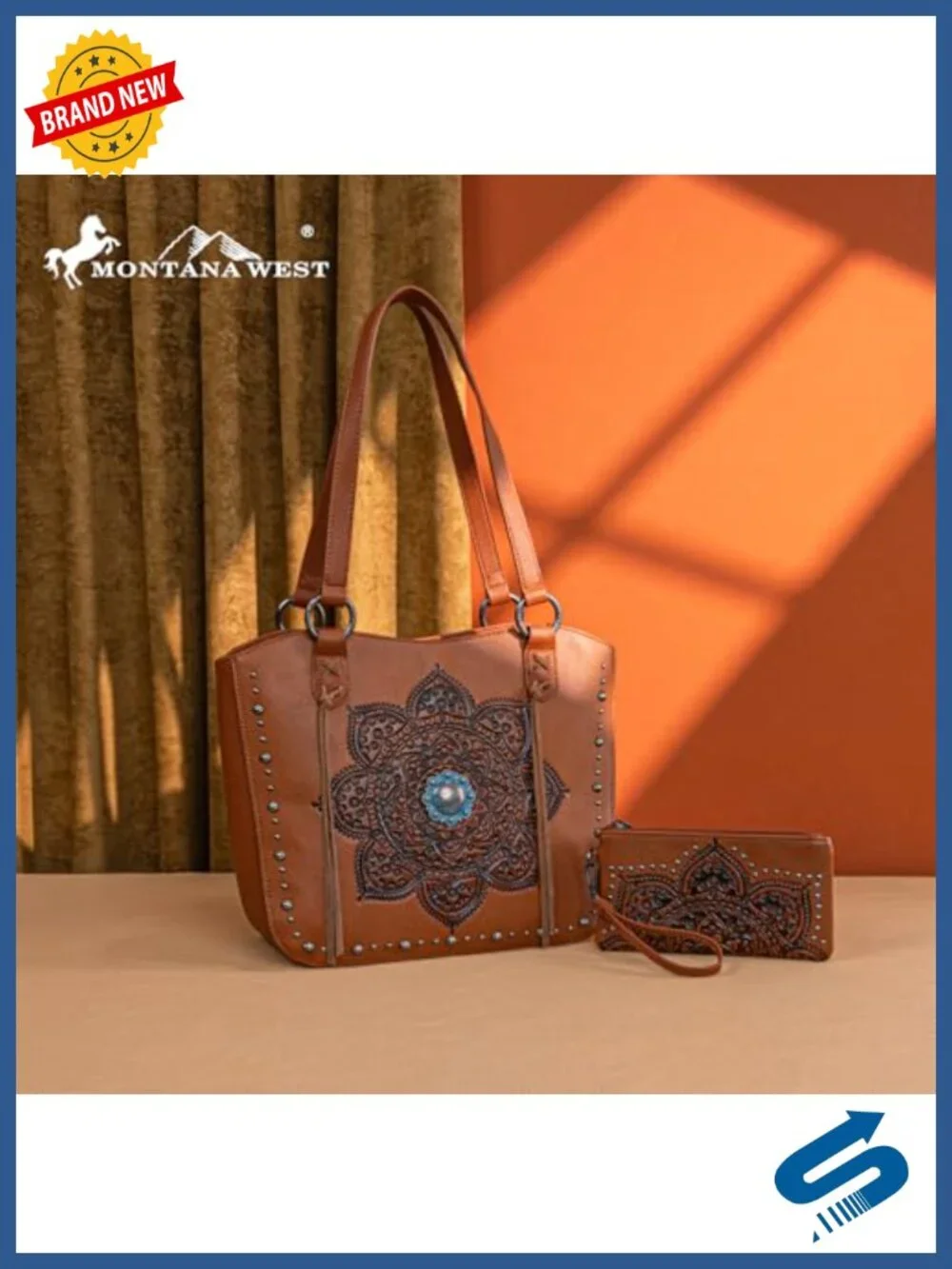 Western Faux Leather Tote Bag with Wallet Set, Studded, Tassel